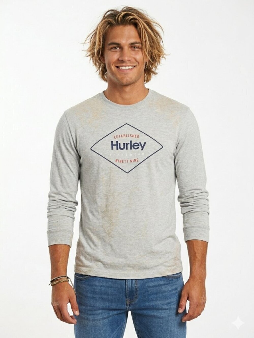 Hurley Men’s Long Sleeve Diamond Graphic Tee Crew Neck Gray Large, 3XL NWT